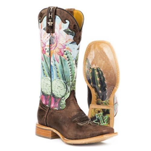 Women Flower Printed Long Calf Chunky Heel Boots *