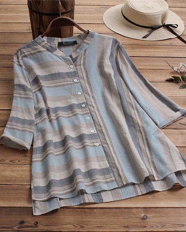 Vintage Striped Stand Collar Plus Size Blouse - veooy