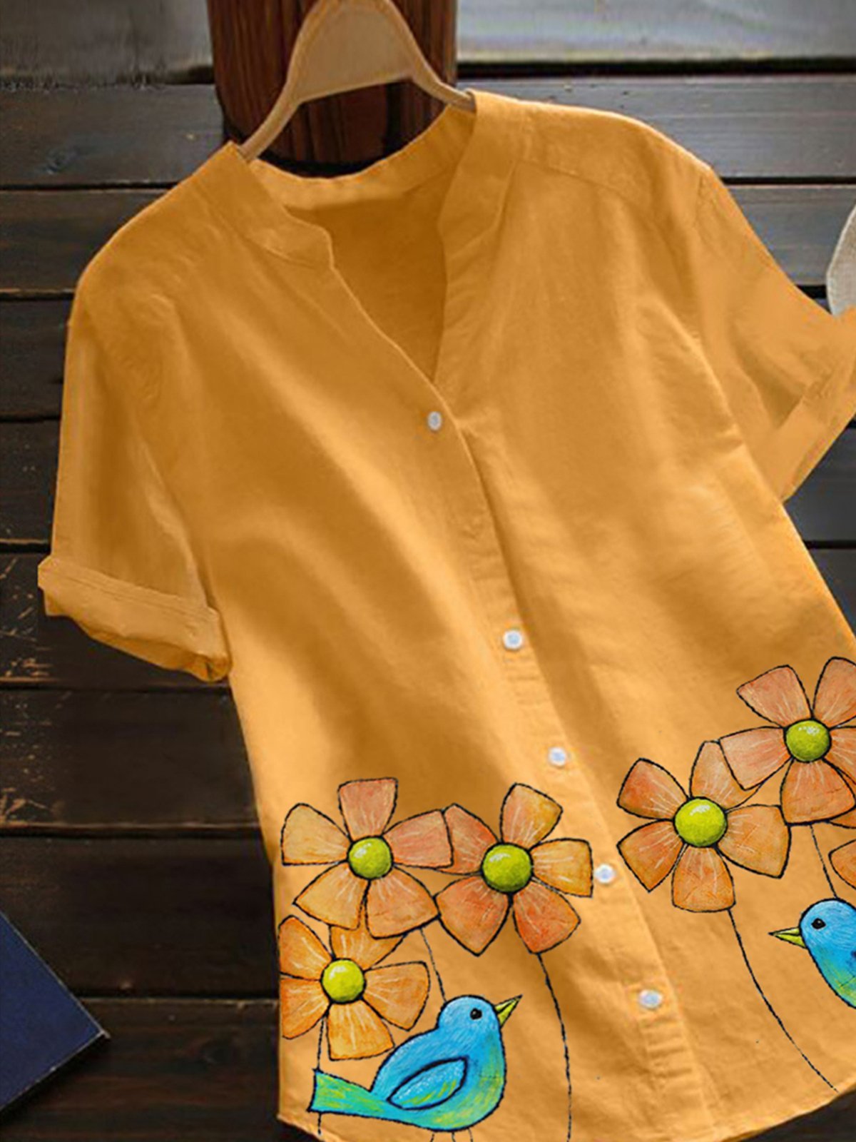 Yellow Short Sleeve Floral Shirts & Tops