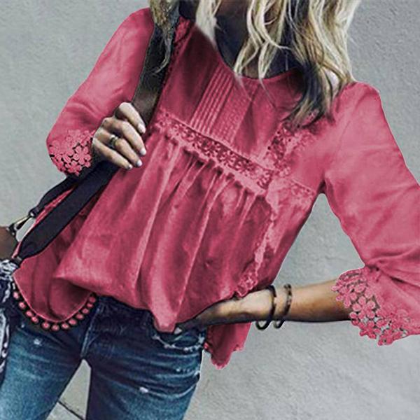 Womens Summer Hollow Out Bohemian Casual 3/4 Sleeve Solid Shirt Plus Size Tunic Tops
