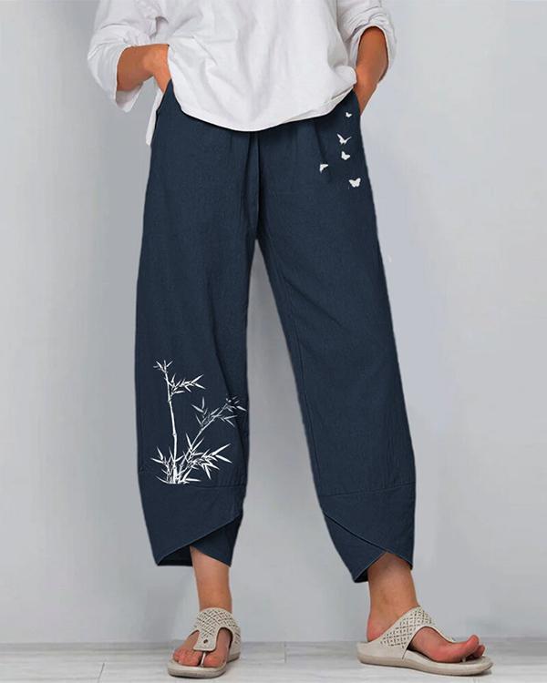 Bamboo And Butterflies Print Elastic Waist Pants For Women - Veooy