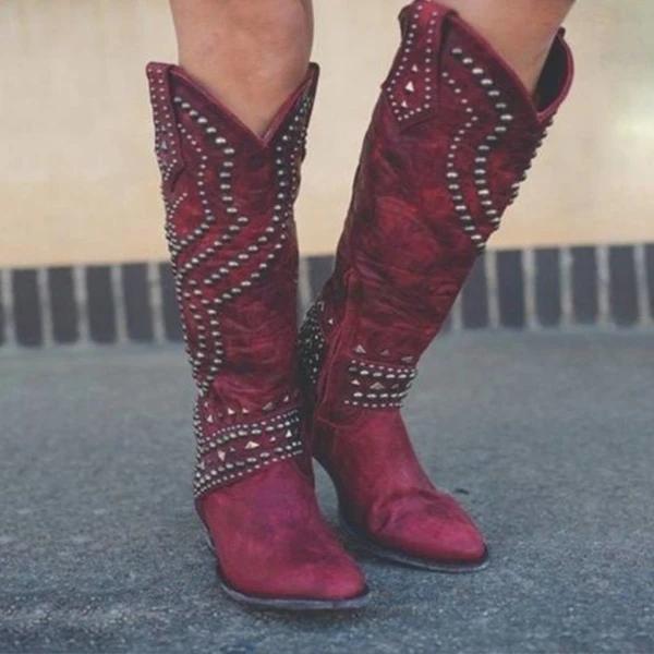 Fashion Round Toe Rivet Knee High Boots * - Veooy