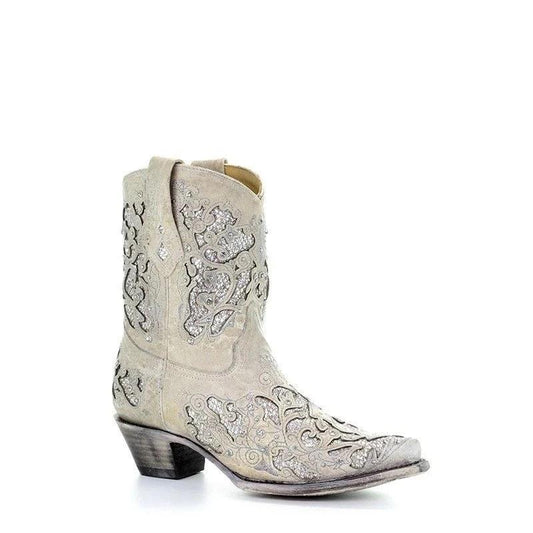 *White Glitter Inlay & Crystals Ankle Cowgirl Boots - Veooy