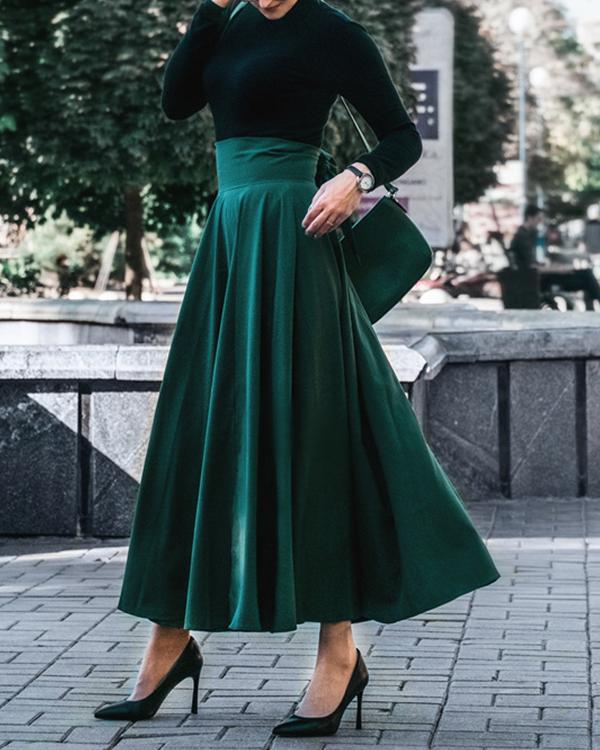 Casual High Waist Solid Color Bow Knot Flowy Skirt - Veooy