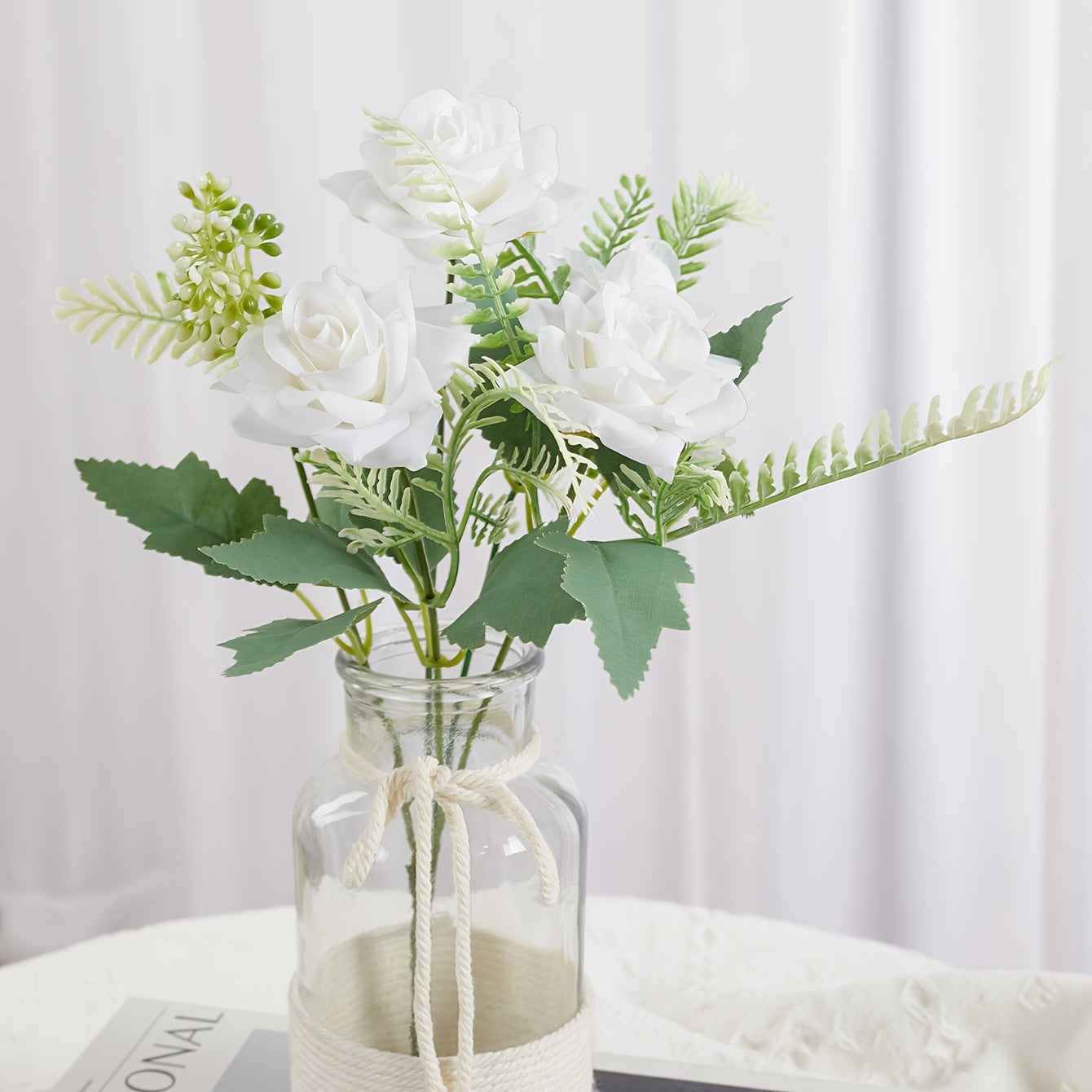 1pc, Artificial Rose, Fale Flower Stem, 35CM/13.78inch Silk Cloth White Roses Wedding Decor