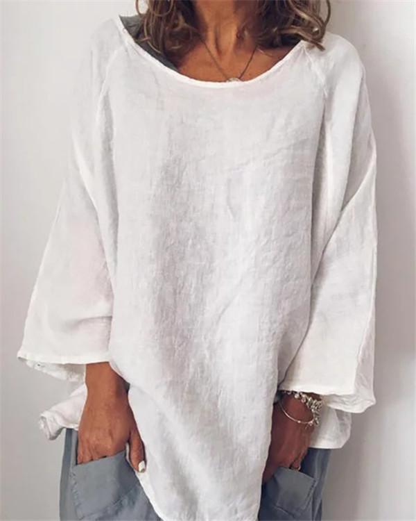 Casual Long Sleeve Crew Neck Linen T-Shirts - Veooy