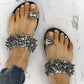 Women Summer Rhinestone Sandals Flip Flops Ring Flat Heel Artificial Leather Slipper - veooy