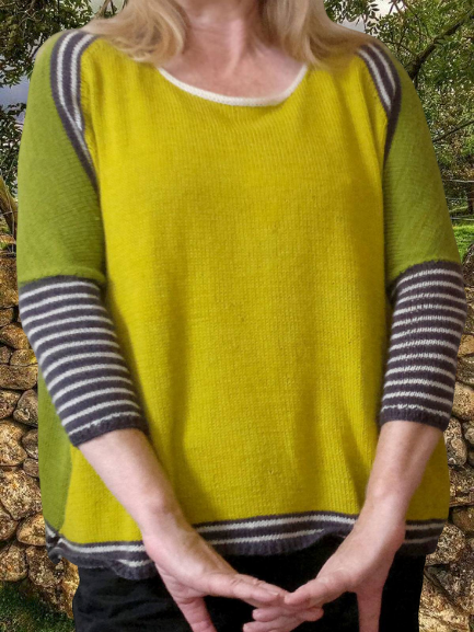 Yellow Knitted Stripes Crew Neck Casual Shirts & Tops