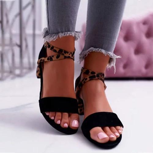 *Chunky Heel Artificial Suede Adjustable Buckle Leopard Sandals - Veooy