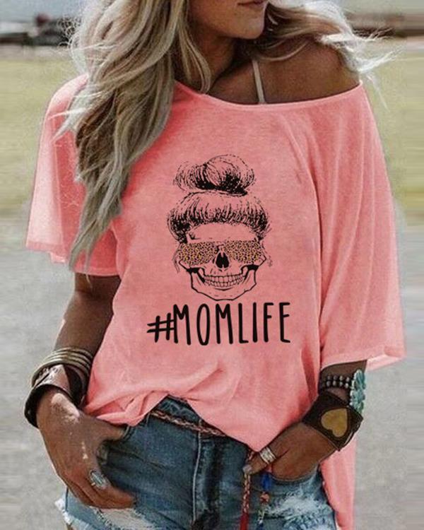 Women Printed T-shirt Mom Life Letter Tee .*