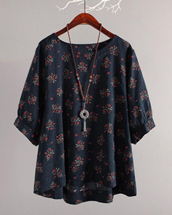 Bohemian Printed Long Sleeve Crew Neck Plus Size Blouses Tops - Veooy