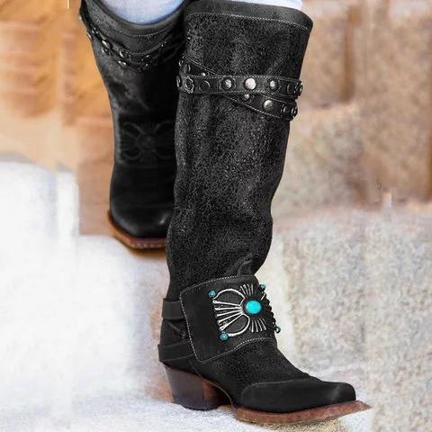 Women's Stylish Knee-High Boots Chunky Block Heel Western Cowboy Slip on Booties