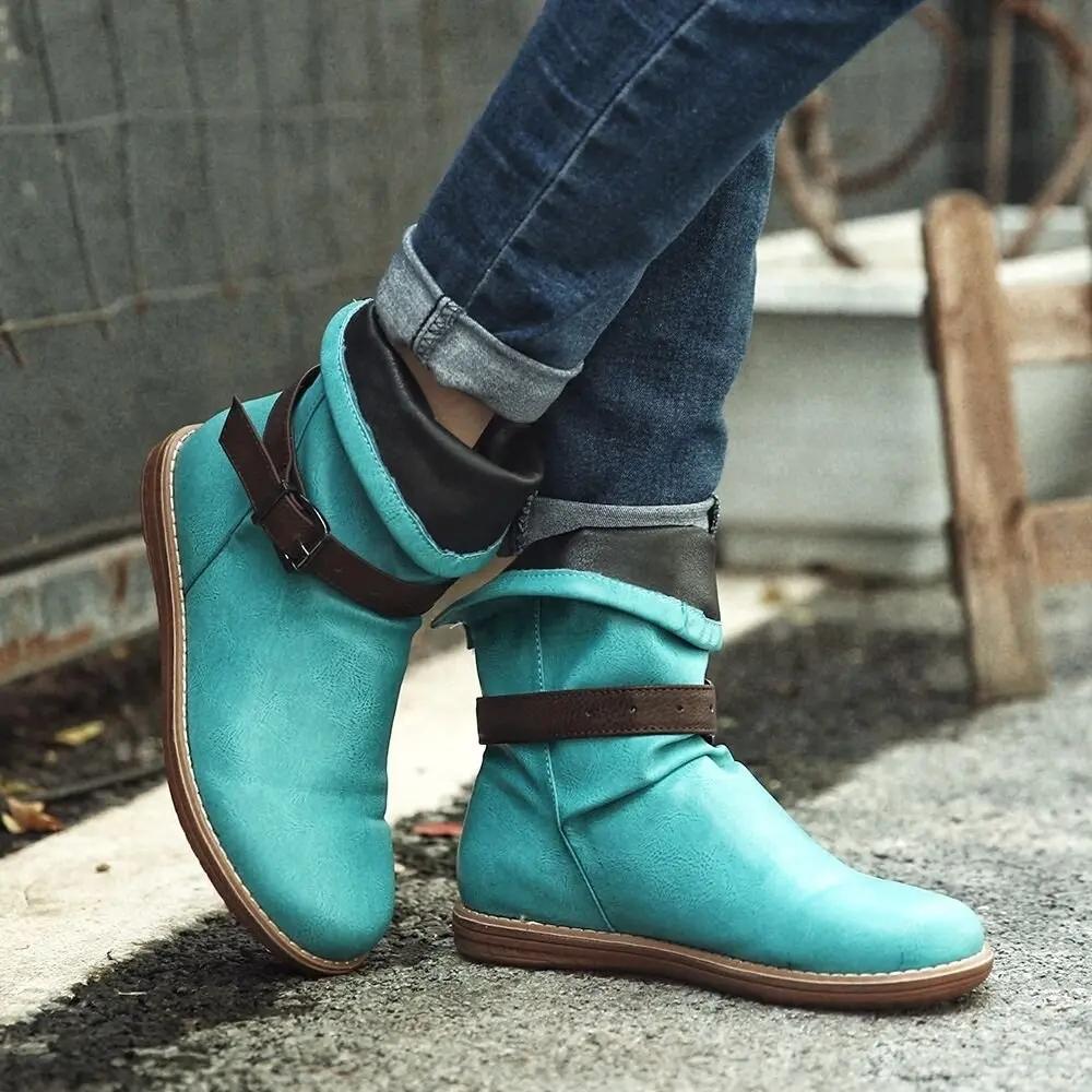 *Women Retro Leather Buckle Belt Round Toe Flat Short Boots - Veooy