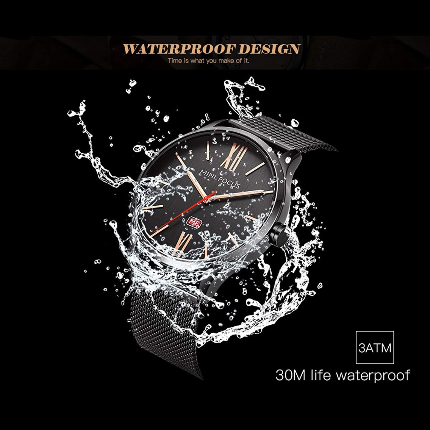 Watches Black with Stainless Steel Mesh Waterproof 30M - veooy
