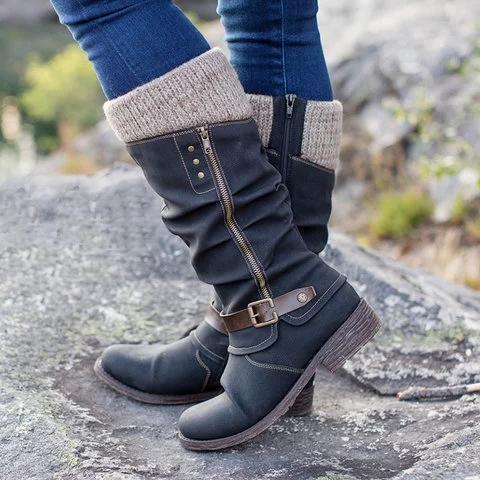 Women Casual Winter Knitted Zipper Mid Calf Boots *