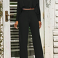 Black Casual Solid Flounce O Neck Long Sleeve Two Pieces