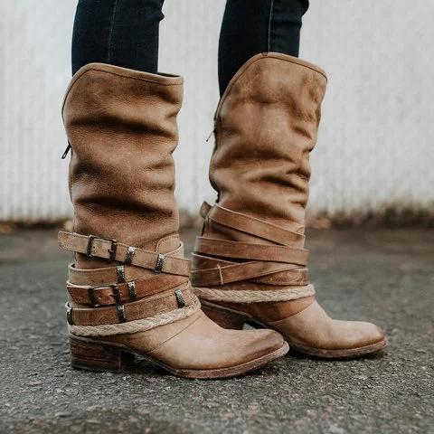 *Vintage Adjustable Buckle Boots Plus Size Back Zipper Boots - Veooy