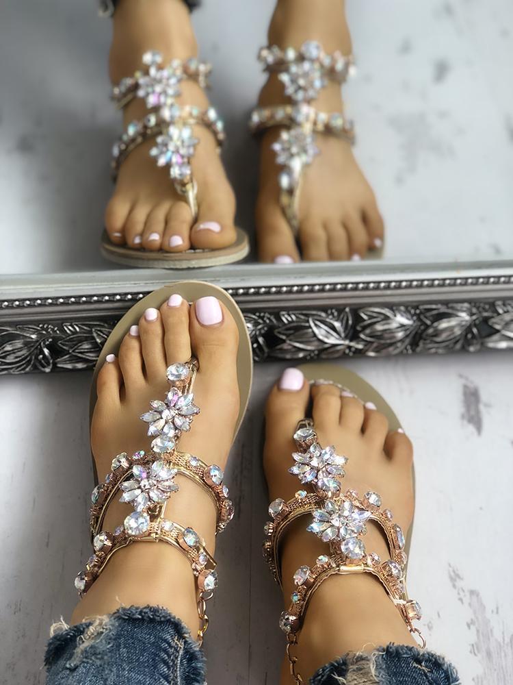 Large Size Women Summer Shiny Embellished Toe Post Flat Sandals Flip Flops Slippers - veooy