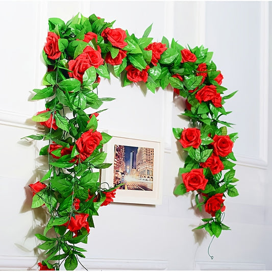 1pc 250CM/98.43in Silk Roses Ivy, Fake Rose Vine With Green Leaves For Home Wedding Decoration Fake Leaf Diy Hanging Garland Artificial Flowers
