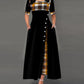 Women's Plaid Patched Irregular Pleated Short Sleeves Maxi Dress