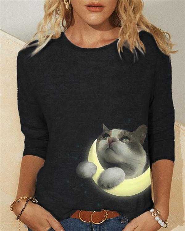 Cats Print Long Sleeve Casual Crew Neck T-Shirts & Tops - Veooy