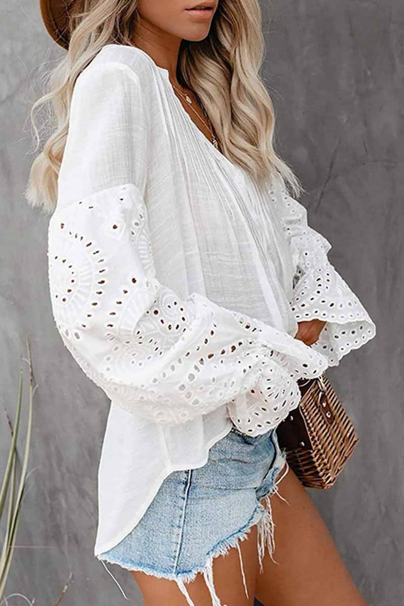 V-Neck Single Breasted Loose Flared Long Sleeves Tops (3 Color）