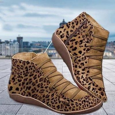 Leopard print Crisscross Lace-Up Low Wedges Ankle Booties *