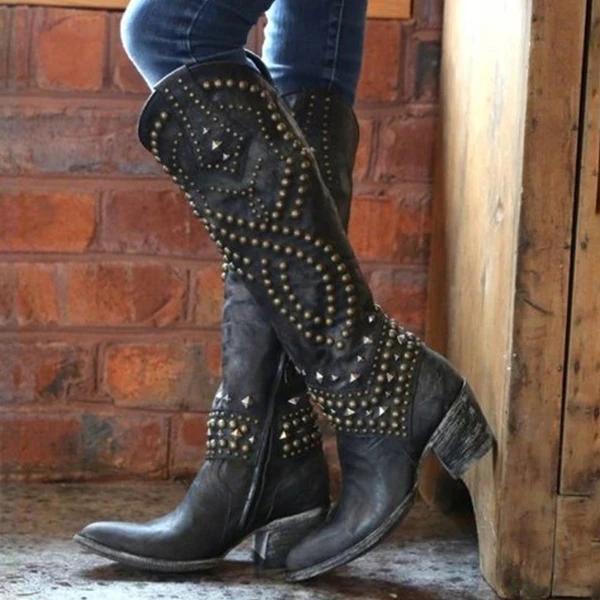Fashion Round Toe Rivet Knee High Boots * - Veooy