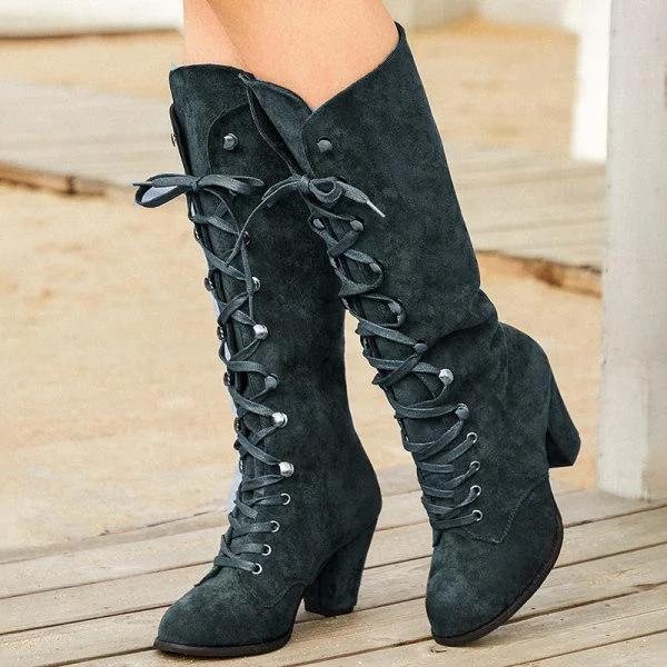 *Leather Block Heel Daily Boots - Veooy