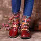 *Red Flower Printed Buckle Flat Heel Boots - Veooy