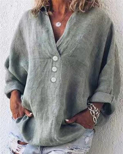 Cotton Linen Casual Buttoned Pockets Solid Long Sleeve Blouses - Veooy