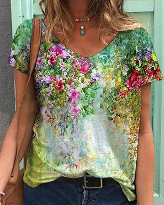 Colorful Flower Painting V Neck Short Sleeve Shirts & Tops - Veooy