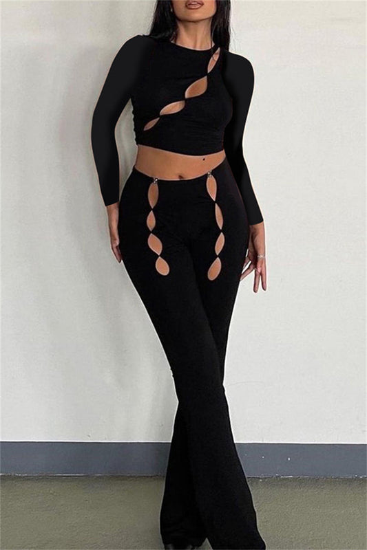 Black Fashion Sexy Solid Hollowed Out O Neck Long Sleeves Two Pieces