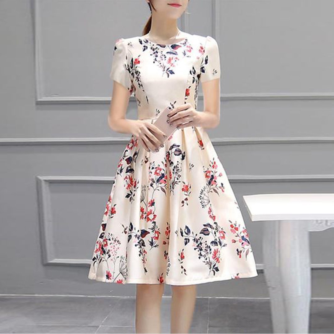 Women Inverted Pleat Floral Printed Puff Sleeve Round Neck Skater Dress