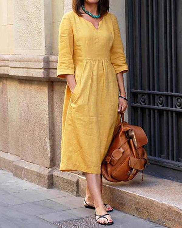 Women Casual Solid 3/4 Sleeve V Neck Plus Size Dress - veooy