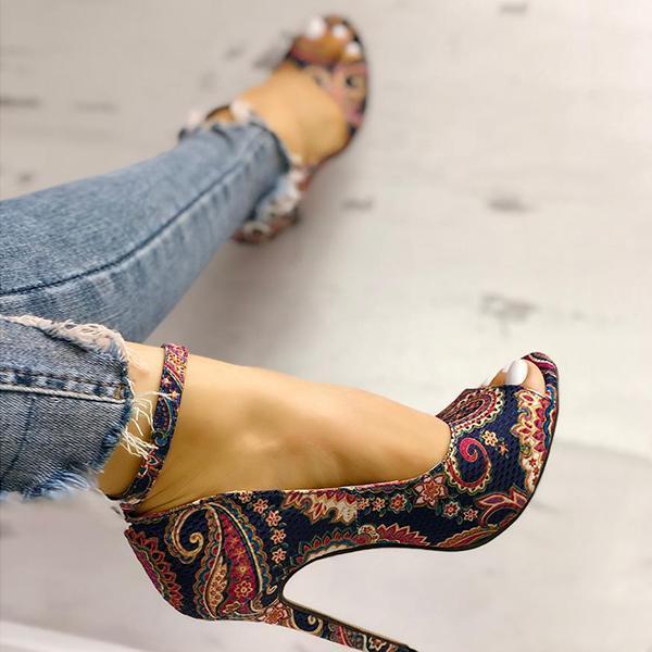 *Ethnic Print Peep Toe Ankle Strap Thin Heeled Sandals - Veooy