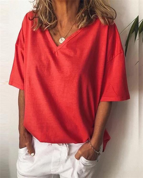 Casual Plus Size V Neck Solid Color Short Sleeve Blouse Tops - Veooy