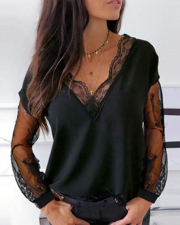 Casual Solid Lace V Neck Loose Fit Blouses - Veooy