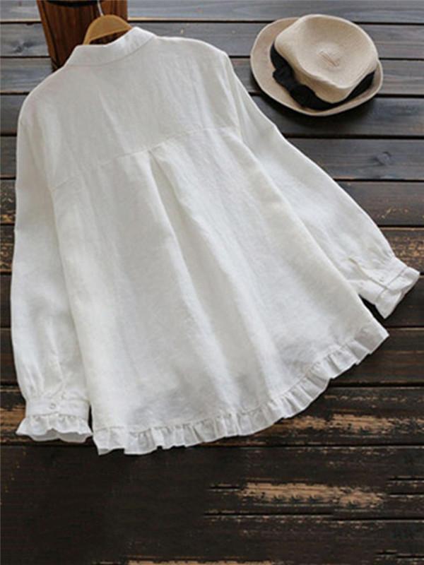 Plus Size Elegant Long Sleeve Ruffles Hem Cotton Blouse for Women - veooy