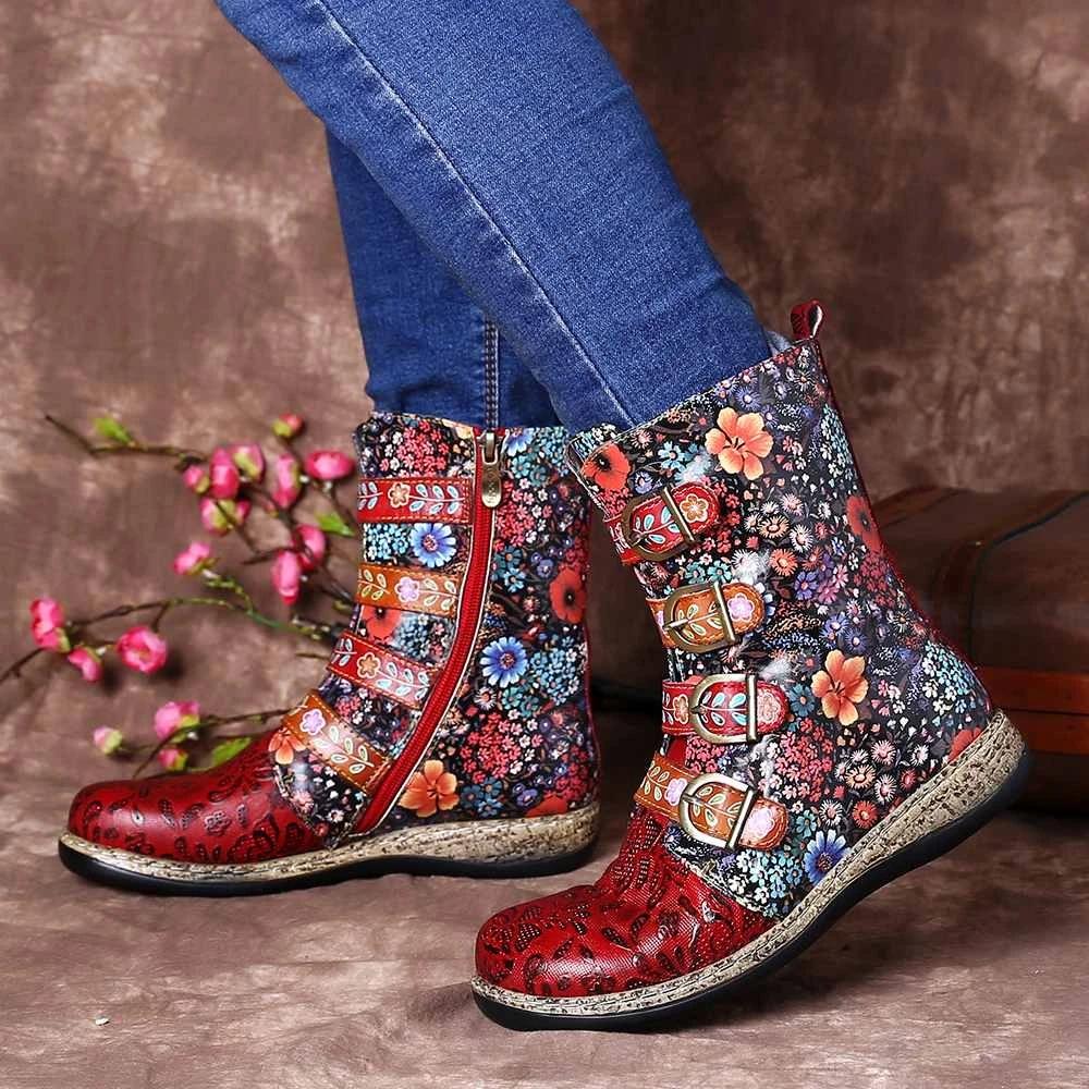 *Red Flower Printed Buckle Flat Heel Boots - Veooy