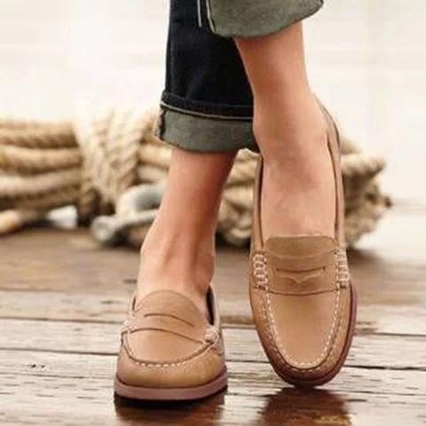 Women Vintage Slip On Loafers Low Heel PU Leather Loafers *