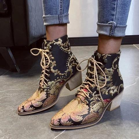 *Plus Size Chunky Heel Vintage Flowers Embroidery Mid Boots - Veooy