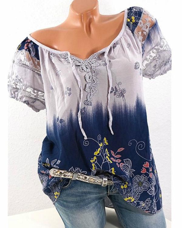 Plus Size Casual V Neck Short Sleeve Painted Blouses - veooy