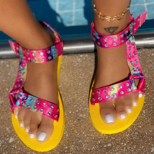 *Women Fashion Web celebrity style Pu Rhinestone Magic Tape Flat Sandals - Veooy
