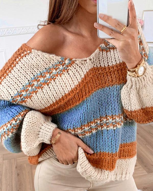 Casual Loose Colorful Knitted Sexy V-Neck Sweater - Veooy