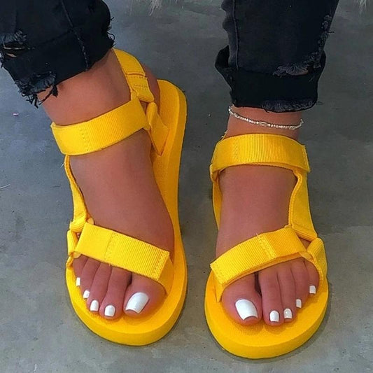 Flat With Open Toe Ankle Strap Velcro Plain Sandals * - Veooy