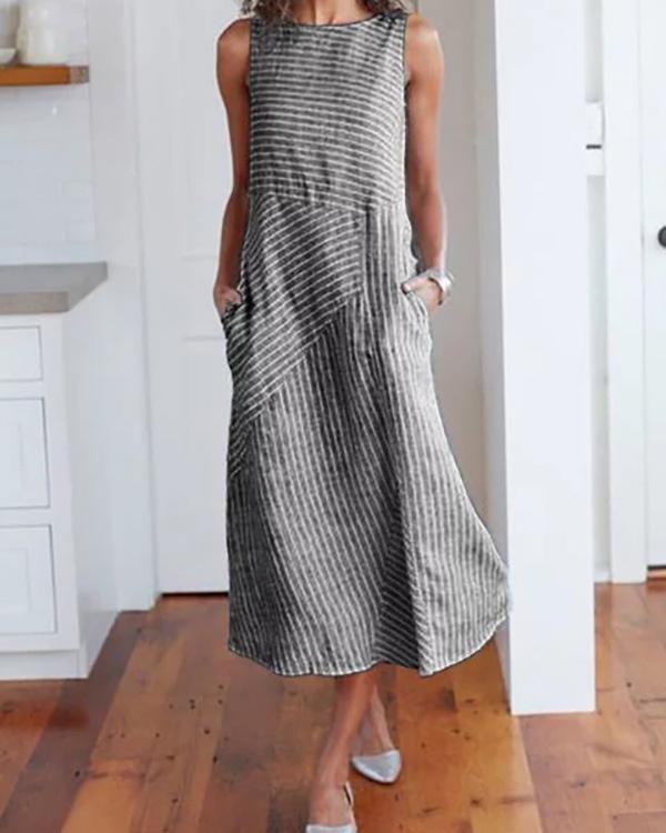 Women Crew Neck Dresses Shift Daily Striped Dresses - veooy