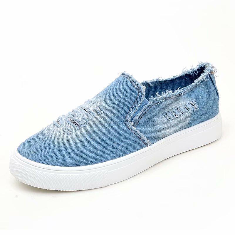 Big Size Washed Denim Loafers Flats Canvas Shoes Women Casual Slip on - Veooy