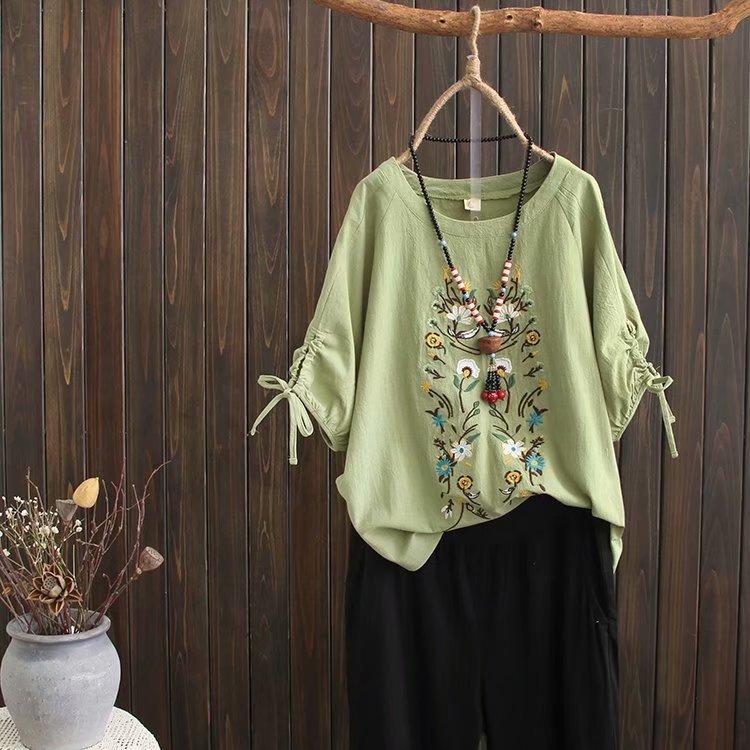 Plus Size Floral Casual Round Neckline 3/4 Sleeves Blouses Tops - veooy