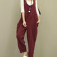 Vintage Pure Color Frog Button Loose Women Sleeveless Jumpsuits - veooy